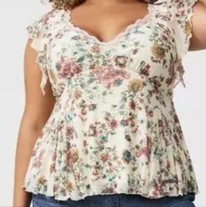 Torrid Cream Floral Blouse with Lace Trim